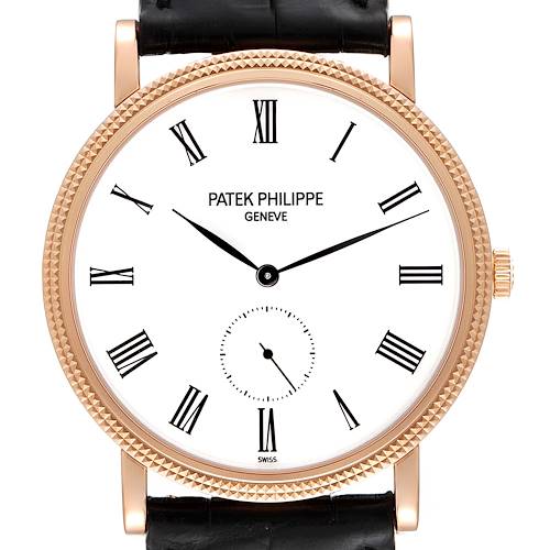 This image shows a front view of the Patek Philippe Calatrava 5119R Men's Rose Gold White Dial 5119R Men's Rose Gold White Dial watch, highlighting its dial, bezel, and leather strap.