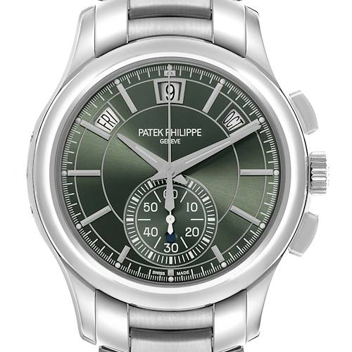 The Patek Philippe Complications 5905/1A-001 Men's Stainless Steel Green Dial 5905/1A-001 Men's Stainless Steel Green Dial watch is shown from the front, highlighting its green dial, date windows, and stainless steel bracelet.