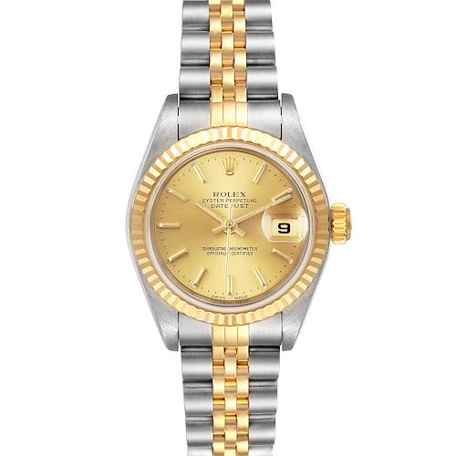 The image shows a frontal view of a Rolex Datejust 79173 Women's Steel and Gold (two tone) Champagne Dial 79173 Women's Steel and Gold (two tone) Champagne Dial watch with a gold dial and a two-tone jubilee bracelet.