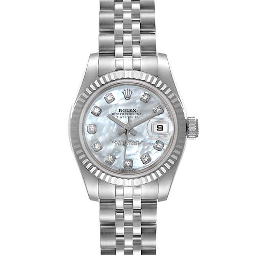 This image shows a Rolex Datejust 179174 Women's Stainless Steel Mother of Pearl Dial 179174 Women's Stainless Steel Mother of Pearl Dial watch from a front angle, displaying its face, bezel, crown, and bracelet.