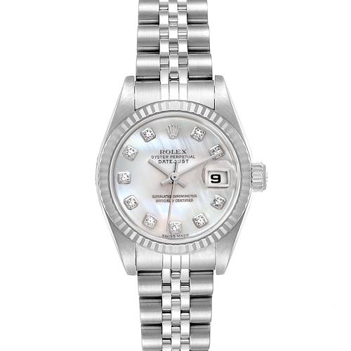 This is a front view of the Rolex Datejust 79174 Women's Stainless Steel Mother of Pearl Dial 79174 Women's Stainless Steel Mother of Pearl Dial watch, showing the dial, bracelet, crown, and date window.