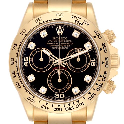 The Rolex Daytona 116508 Men's Yellow Gold Black Dial 116508 Men's Yellow Gold Black Dial watch is shown from a frontal angle, displaying the gold bezel, black dial, and chronograph subdials.