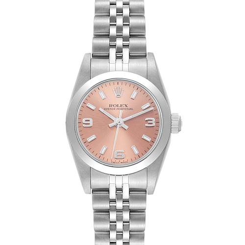 The Rolex Oyster Perpetual 76080 Women's Stainless Steel Orange Dial 76080 Women's Stainless Steel Orange Dial watch is shown from the front, displaying its pink dial, hour markers, and metal bracelet.