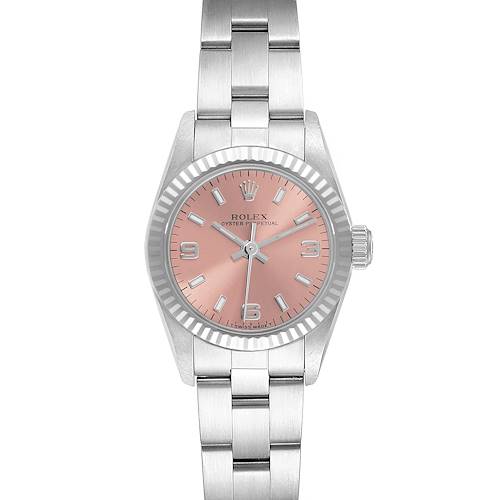 The Rolex Oyster Perpetual 67194 Women's Steel and Gold (two tone) Orange Dial 67194 Women's Steel and Gold (two tone) Orange Dial watch is shown from a top-down angle, displaying the dial, bezel, and bracelet.