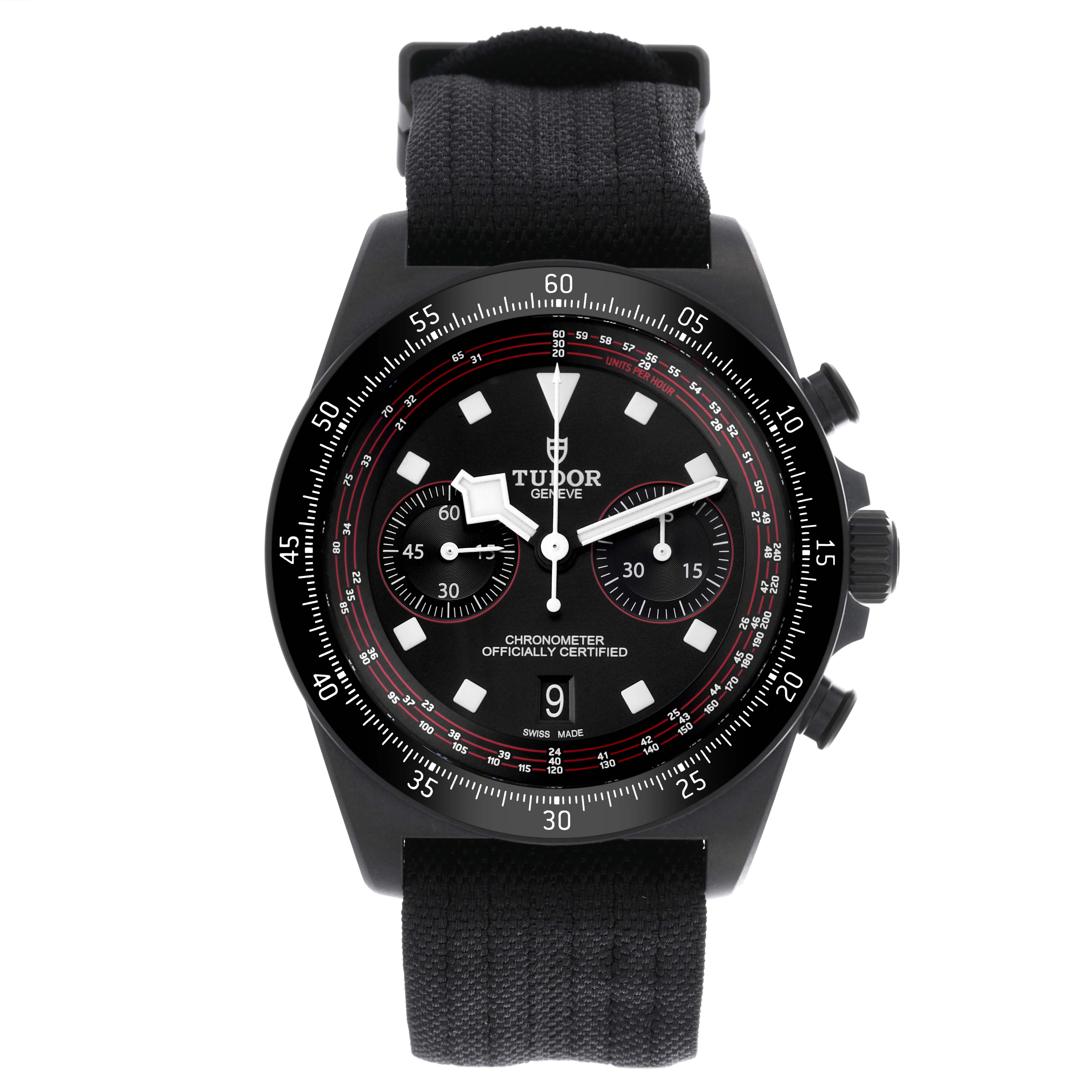 The Tudor Pelagos 25827KN Men's Ceramic Black Dial 25827KN Men's Ceramic Black Dial watch is shown from a front angle, highlighting the black dial, subdials, and fabric strap.