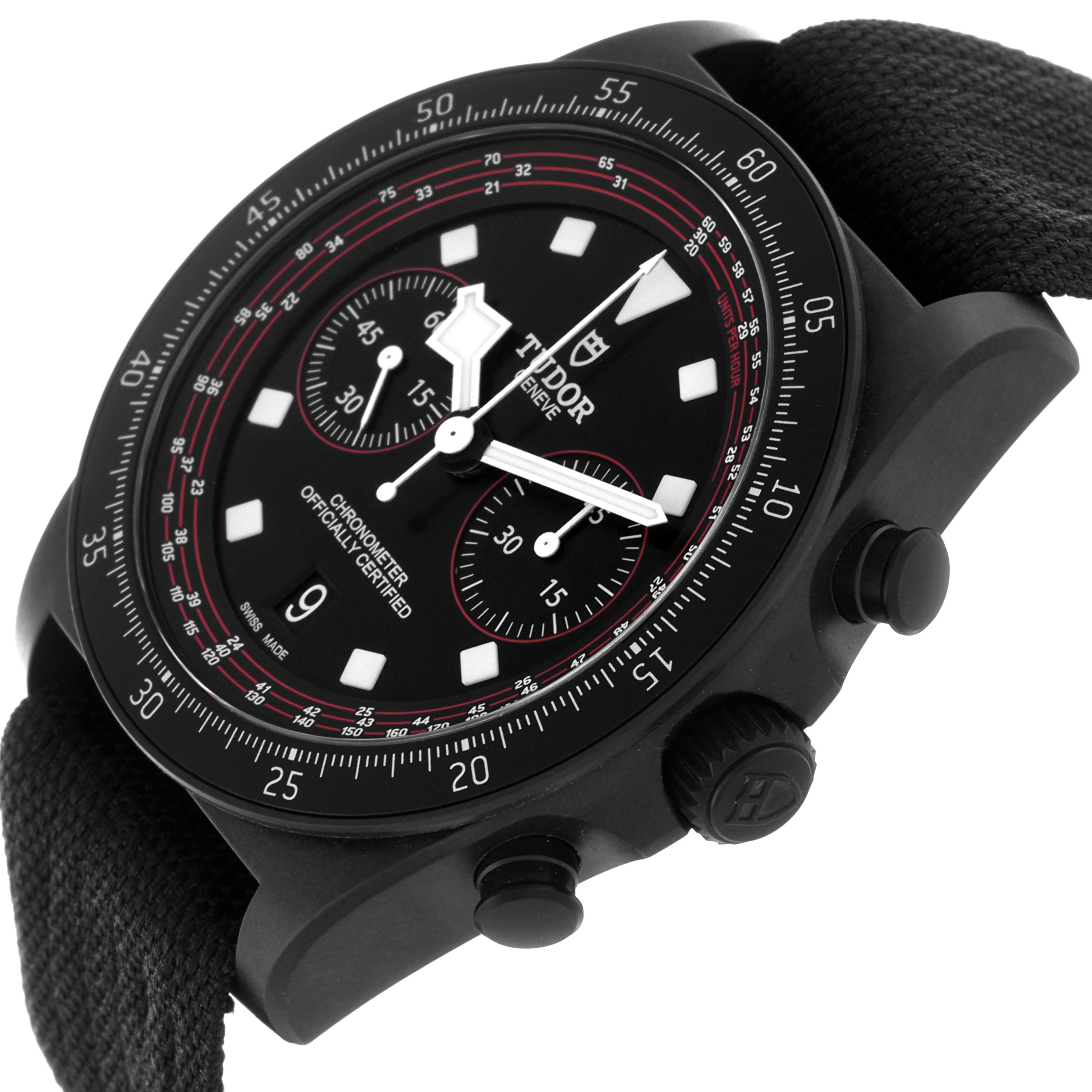 The Tudor Pelagos 25827KN Men's Ceramic Black Dial 25827KN Men's Ceramic Black Dial watch is shown at a slight angle, highlighting the face, bezel, crown, pushers, and strap.