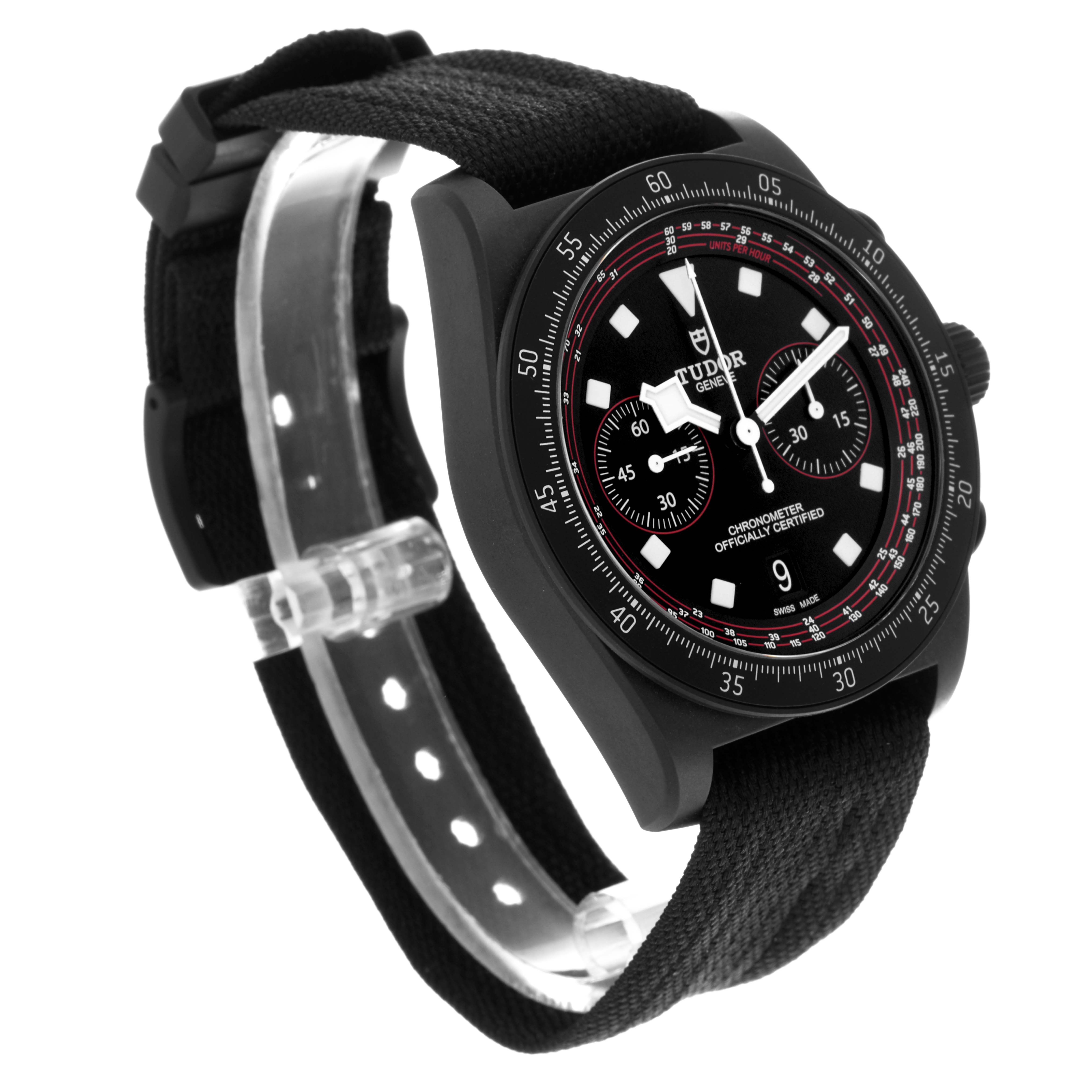 The Tudor Pelagos 25827KN Men's Ceramic Black Dial 25827KN Men's Ceramic Black Dial watch is displayed at a three-quarter angle, showing the face, bezel, chronograph dials, and fabric strap.