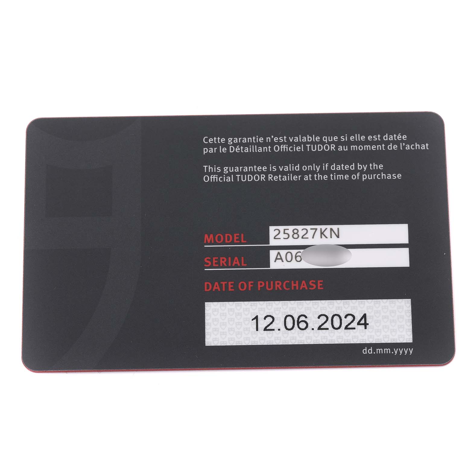 This image shows a warranty card for the Tudor Pelagos 25827KN Men's Ceramic Black Dial 25827KN Men's Ceramic Black Dial watch, displaying model, serial number, and purchase date.