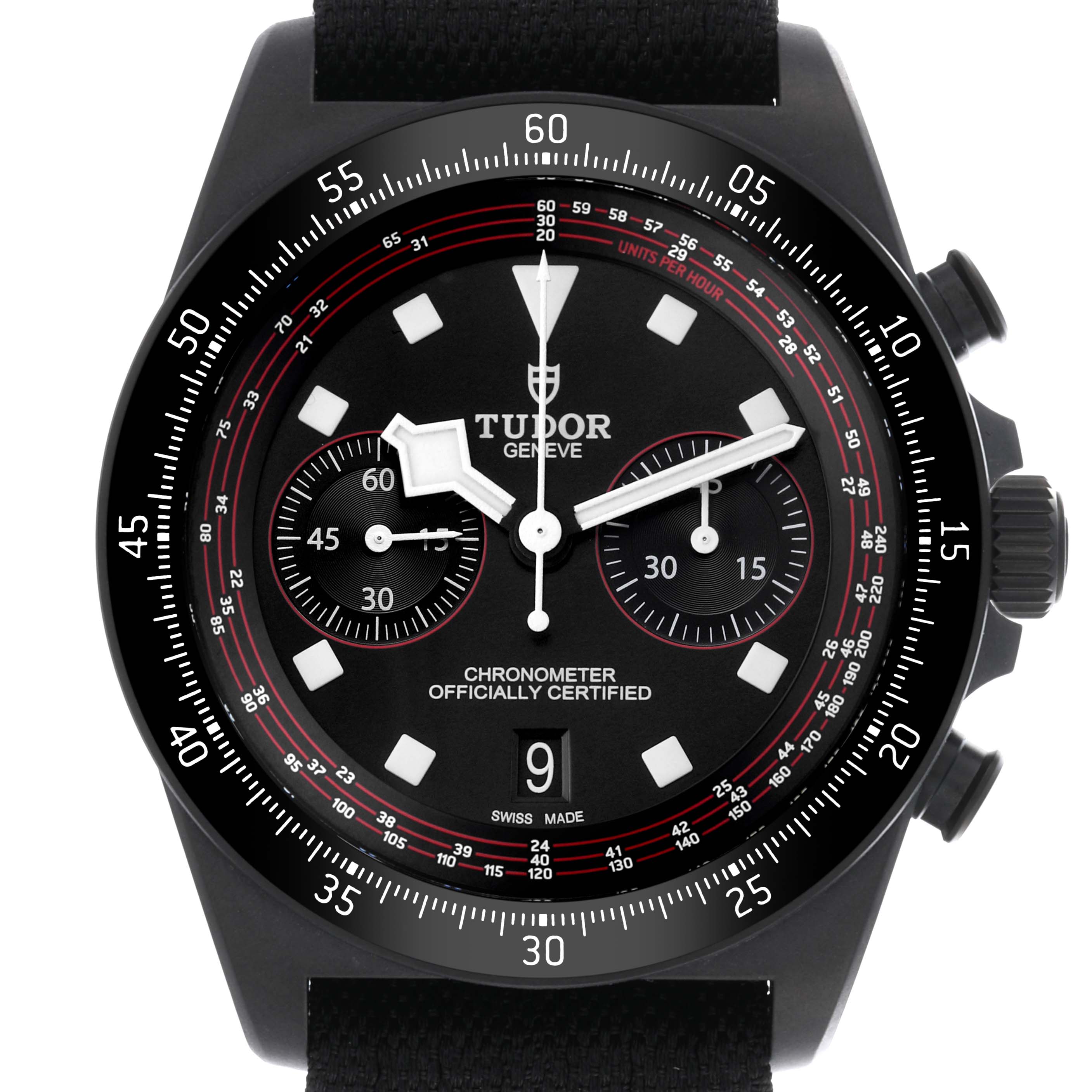 The image shows a frontal view of a Tudor Pelagos 25827KN Men's Ceramic Black Dial 25827KN Men's Ceramic Black Dial, featuring the dial, bezel, and pushers.