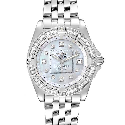This is a front view of the Breitling A71356 Women's Stainless Steel Mother of Pearl Dial A71356 Women's Stainless Steel Mother of Pearl Dial Cockpit Mother of Pearl Diamond Steel Ladies Watch model A71356, showcasing the face, bezel, and bracelet.