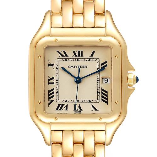 This image shows a front view of the Cartier Panthere W25014B9 Men's Yellow Gold Silver Dial W25014B9 Men's Yellow Gold Silver Dial watch, highlighting the dial, Roman numerals, date window, and part of the bracelet.