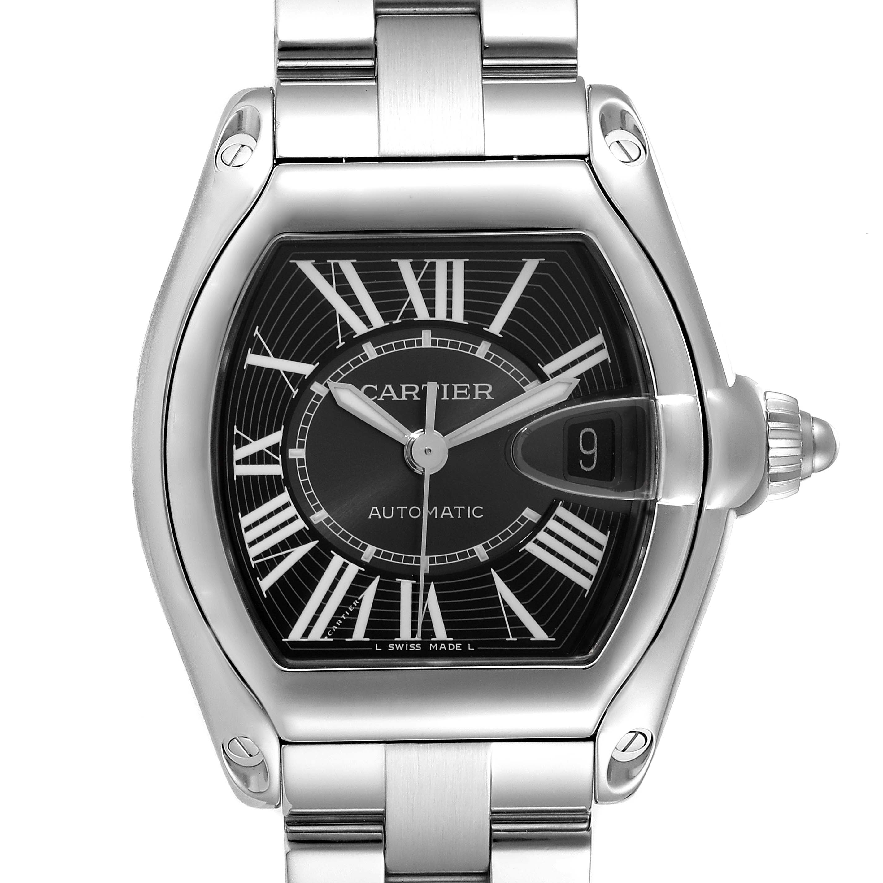 The image shows a front view of the Cartier Roadster W62041V3 Men's Stainless Steel Black Dial W62041V3 Men's Stainless Steel Black Dial watch, highlighting its dial, date window, and part of the stainless steel bracelet.