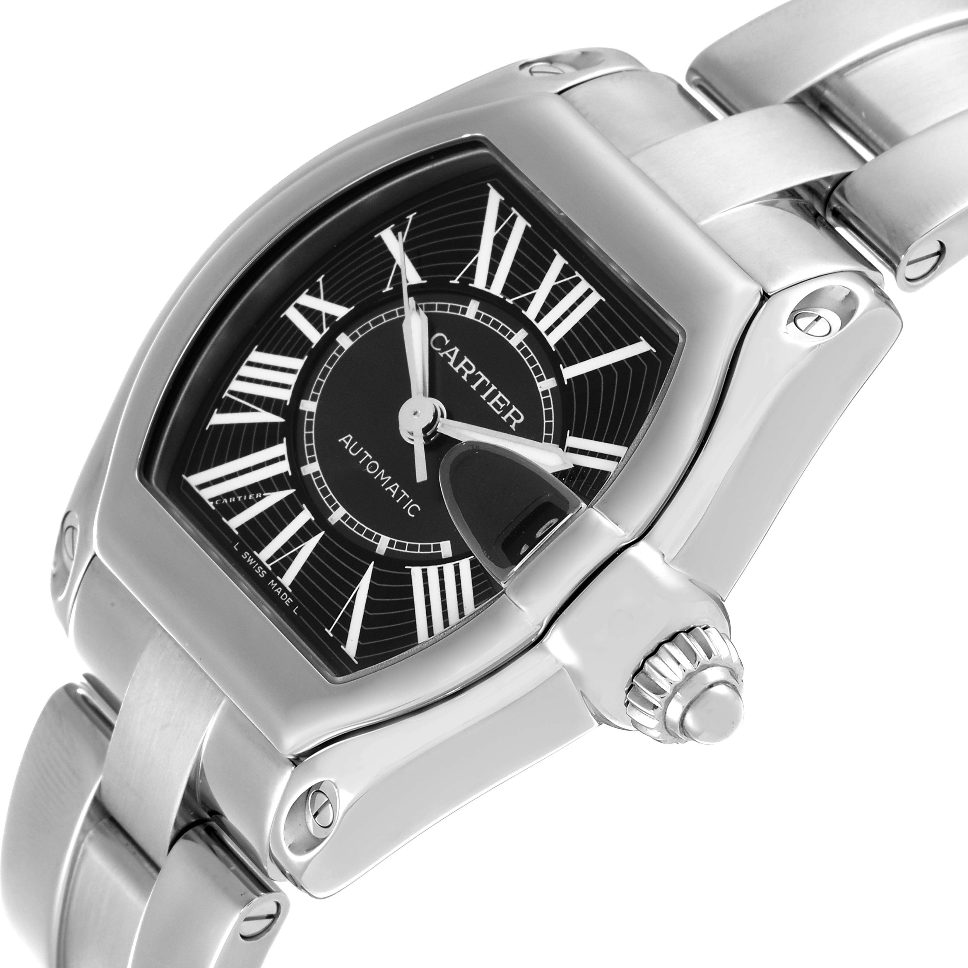 This image shows a close-up of the Cartier Roadster W62041V3 Men's Stainless Steel Black Dial W62041V3 Men's Stainless Steel Black Dial watch, highlighting its dial, case, and part of the bracelet from an angled perspective.