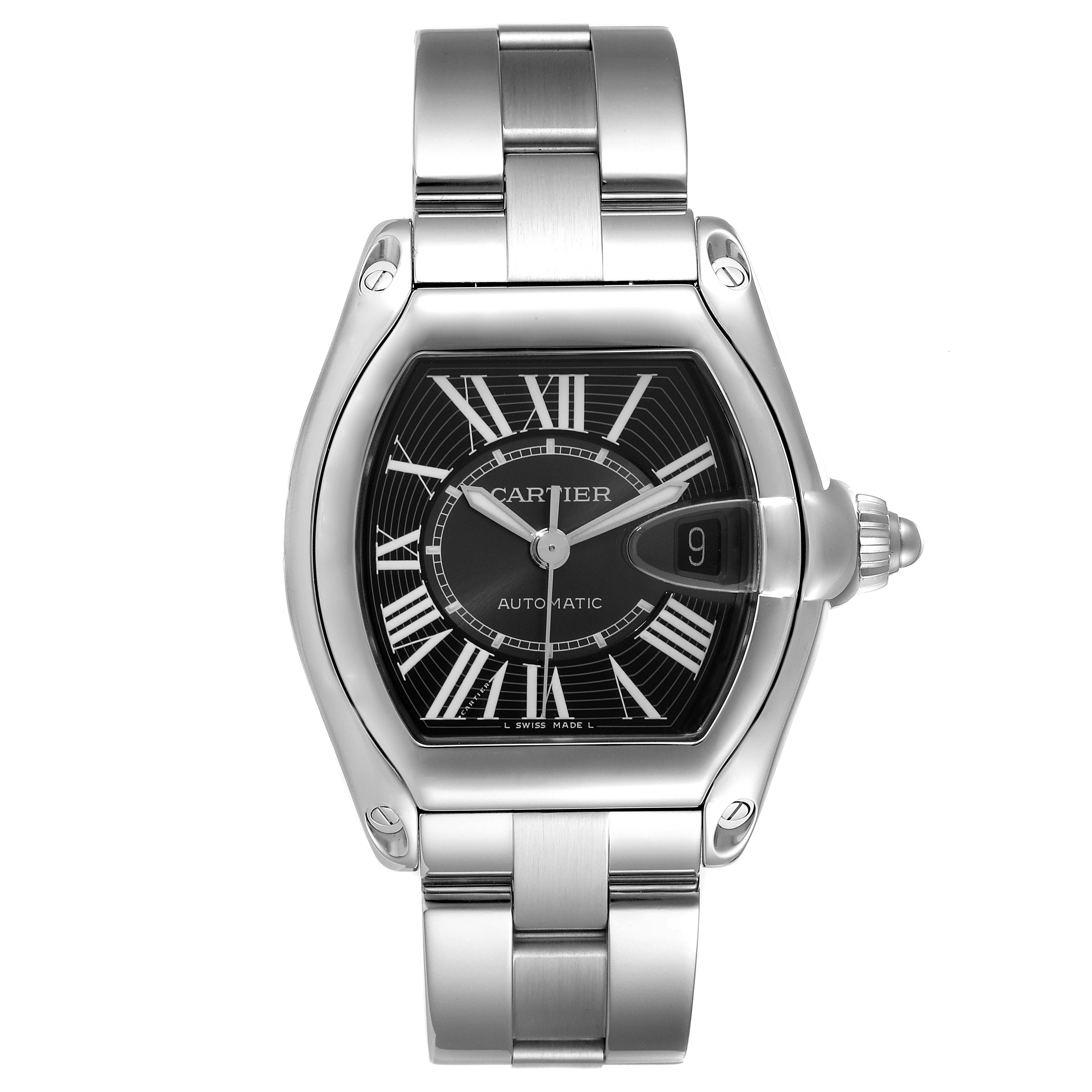 The image shows a Cartier Roadster W62041V3 Men's Stainless Steel Black Dial W62041V3 Men's Stainless Steel Black Dial watch from a front angle, highlighting the face, bezel, and metal bracelet.