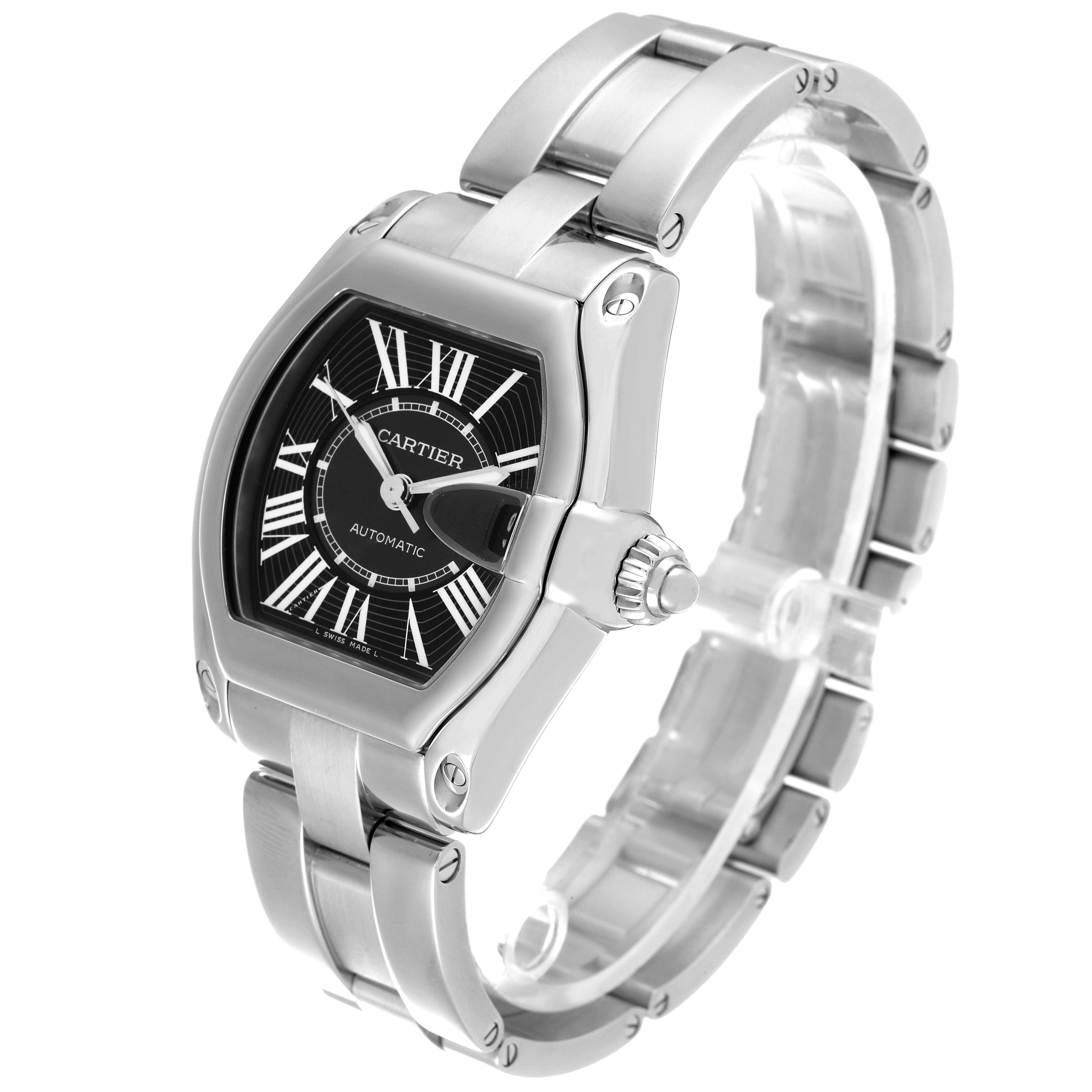 The Cartier Roadster W62041V3 Men's Stainless Steel Black Dial W62041V3 Men's Stainless Steel Black Dial watch is shown at an angle, displaying the face, bezel, bracelet, and crown.