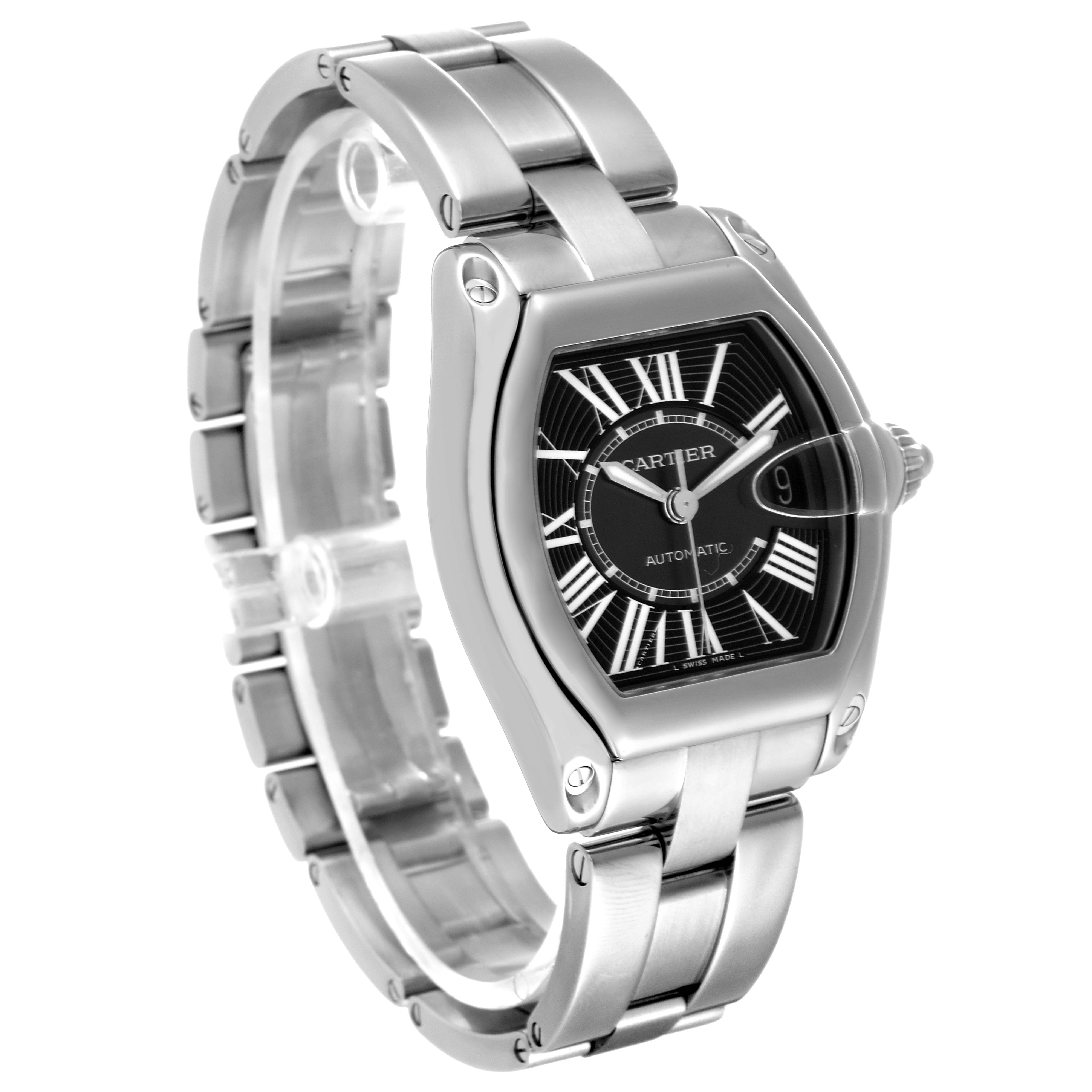 This image shows a Cartier Roadster W62041V3 Men's Stainless Steel Black Dial W62041V3 Men's Stainless Steel Black Dial watch at a three-quarter angle, highlighting the face, bezel, and part of the bracelet.