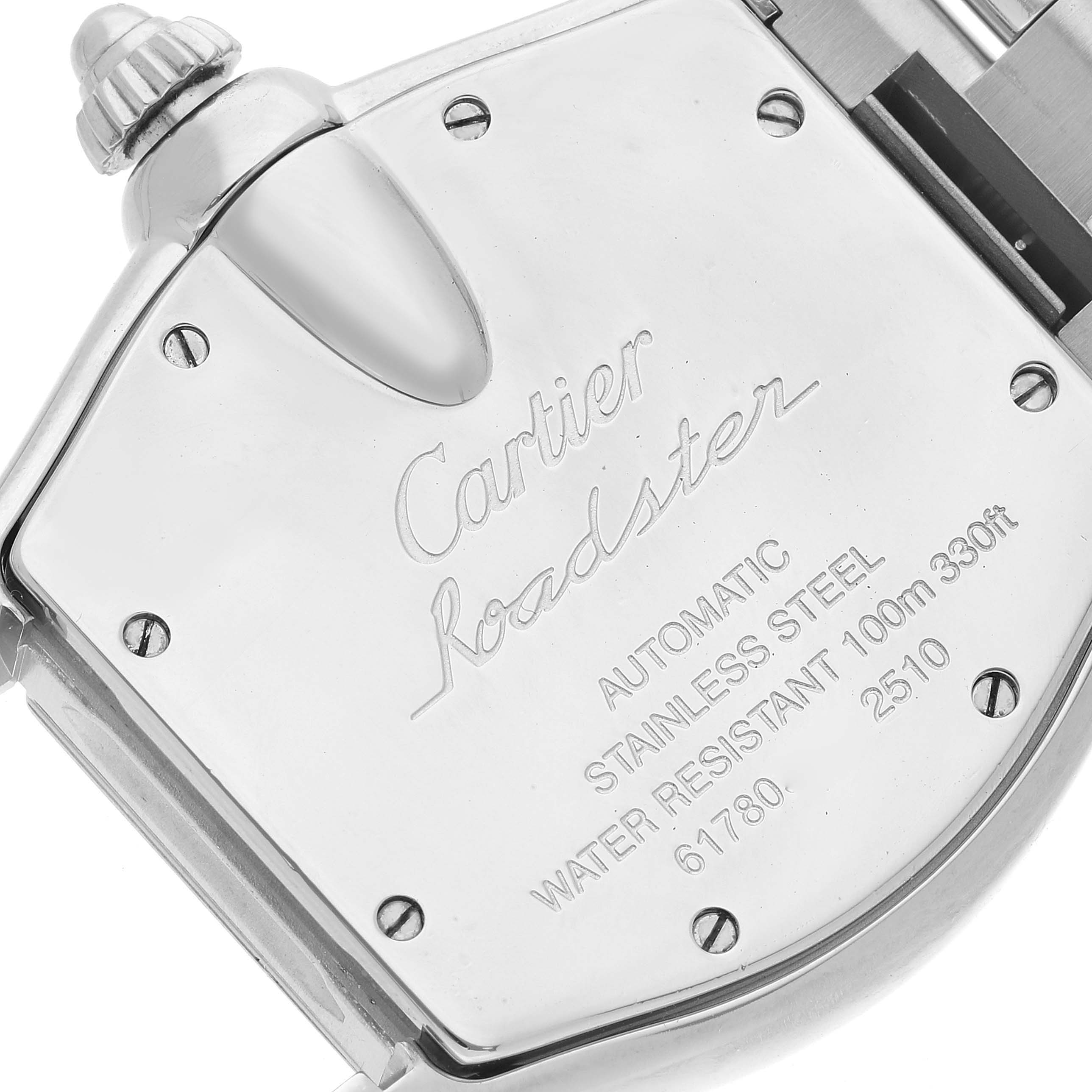 The image shows the back casing of a Cartier Roadster W62041V3 Men's Stainless Steel Black Dial W62041V3 Men's Stainless Steel Black Dial watch, highlighting its stainless steel construction and water resistance details.