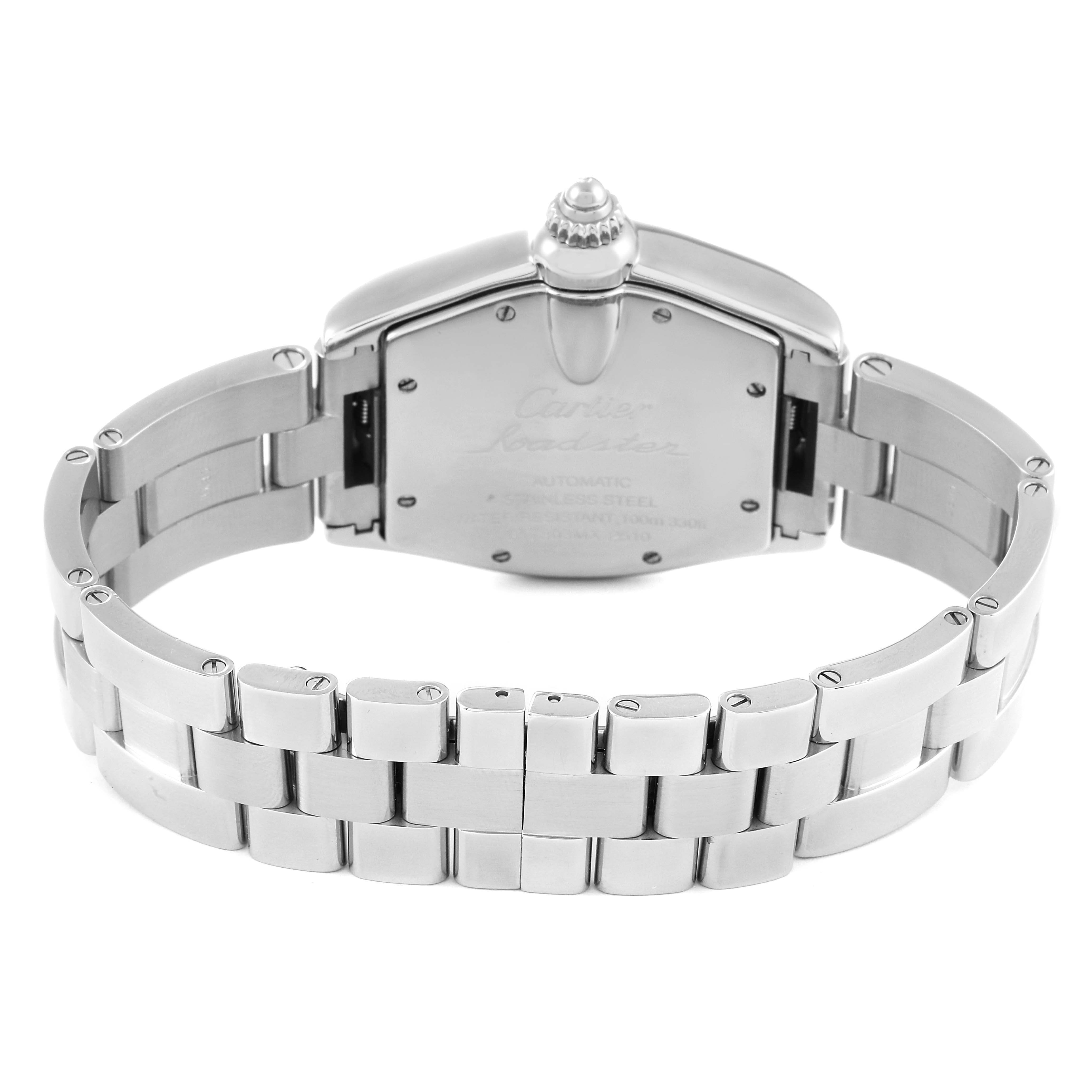 This image shows the back and bracelet of the Cartier Roadster W62041V3 Men's Stainless Steel Black Dial W62041V3 Men's Stainless Steel Black Dial watch at a straight-on angle.