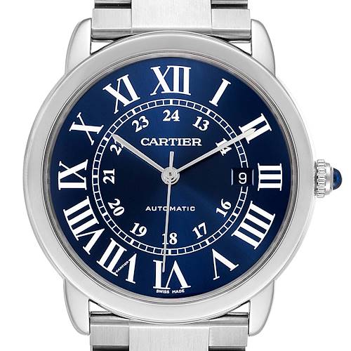 The image shows a frontal view of the Cartier Ronde WSRN0023 Men's Stainless Steel Blue Dial WSRN0023 Men's Stainless Steel Blue Dial watch with a blue dial and silver Roman numerals.