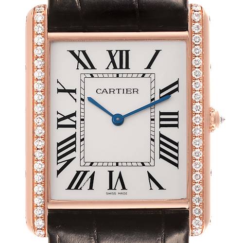 The image shows a Cartier Tank Louis WT200005 Men's Rose Gold Silver Dial WT200005 Men's Rose Gold Silver Dial watch face from the front, highlighting its diamond-encrusted bezel and Roman numerals.