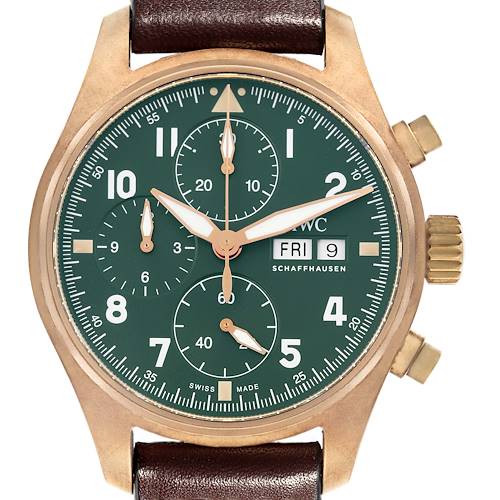 The IWC Pilot IW387902 Men's Bronze Green Dial IW387902 Men's Bronze Green Dial watch is shown from the front, highlighting its dial, sub-dials, and crown.