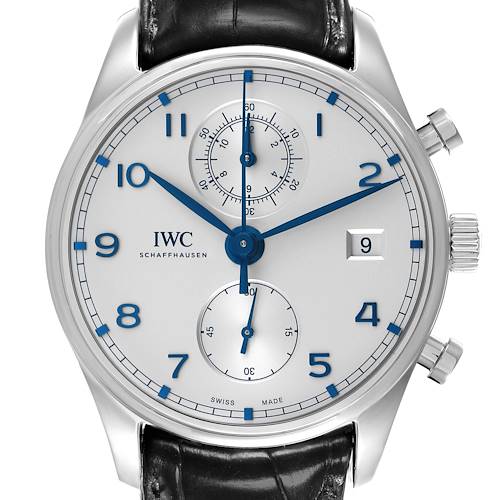 The IWC Portuguese IW390302 Men's Stainless Steel Silver Dial IW390302 Men's Stainless Steel Silver Dial watch is shown from the front, displaying the dial, subdials, hands, and crown.