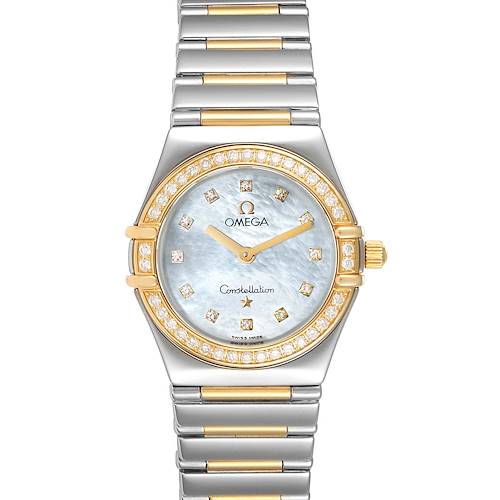 The image shows a front view of the Omega 1376.71.00 Women's Steel and Gold (two tone) Mother of Pearl Dial 1376.71.00 Women's Steel and Gold (two tone) Mother of Pearl Dial Constellation My Choice Steel Yellow Gold Diamond Watch 1376.71.00.