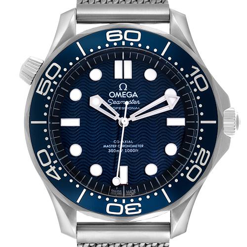 The Omega Seamaster 210.30.42.20.03.002 Men's Stainless Steel Blue Dial 210.30.42.20.03.002 Men's Stainless Steel Blue Dial watch is shown from a front angle, highlighting the blue dial, bezel, and part of the mesh bracelet.