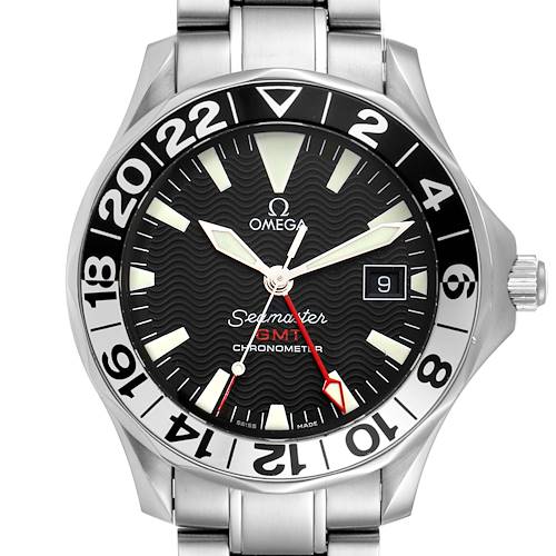 The image shows a front view of the Omega Seamaster 2536.50.00 Men's Stainless Steel Black Dial 2536.50.00 Men's Stainless Steel Black Dial GMT Chronometer watch, highlighting the dial, bezel, and part of the bracelet.