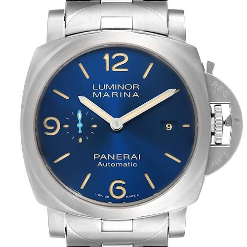 The image shows a front view of a Panerai Luminor PAM01058 Men's Stainless Steel Blue Dial PAM01058 Men's Stainless Steel Blue Dial model watch, displaying its blue dial, automatic feature, and stainless steel bracelet.