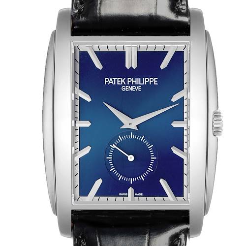 The image shows a Patek Philippe Gondolo 5124G-011 Men's White Gold Blue Dial 5124G-011 Men's White Gold Blue Dial watch from the front, highlighting its rectangular case, blue dial, and crown.