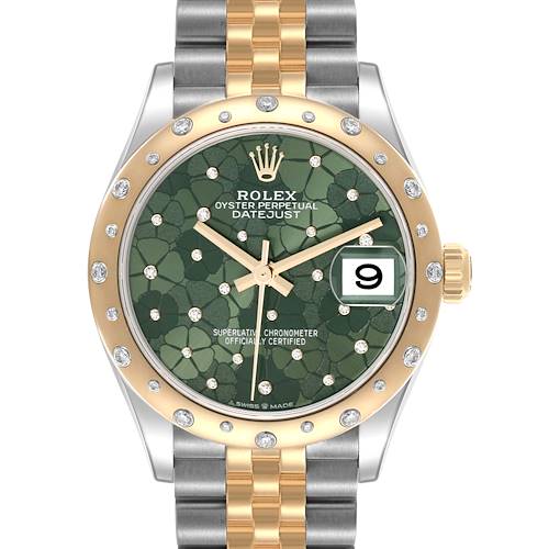 The Rolex Mid-Size 278343RBR-0032 Women's Steel and Gold (two tone) Green Dial 278343RBR-0032 Women's Steel and Gold (two tone) Green Dial model is shown from the front, highlighting its green dial, diamond markers, gold bezel, and two-tone bracelet.