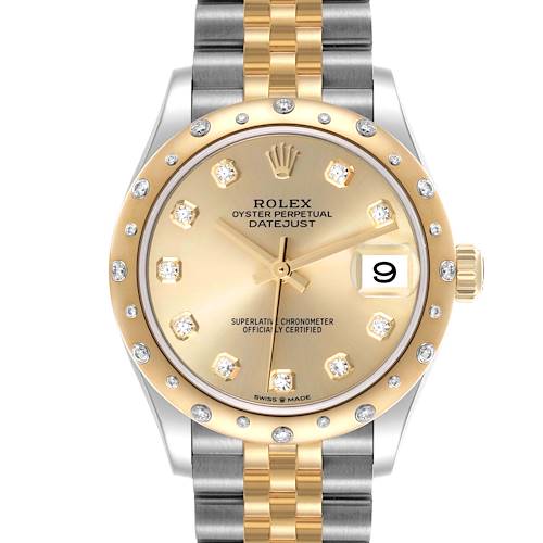The Rolex Datejust Mid-Size watch is shown in a frontal view, displaying the dial, bezel, and part of the bracelet.