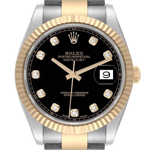 The Rolex Datejust 41 126333 Men's Steel and Gold (two tone) Black Dial 126333 Men's Steel and Gold (two tone) Black Dial is shown from a front angle, highlighting its black dial, gold fluted bezel, and stainless steel bracelet.