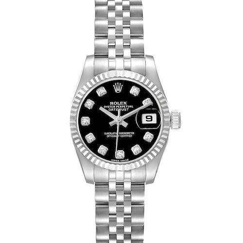 The Rolex Datejust 179174 Women's Stainless Steel Black Dial 179174 Women's Stainless Steel Black Dial watch is shown from a front angle, displaying the black dial, diamond hour markers, and Jubilee bracelet.