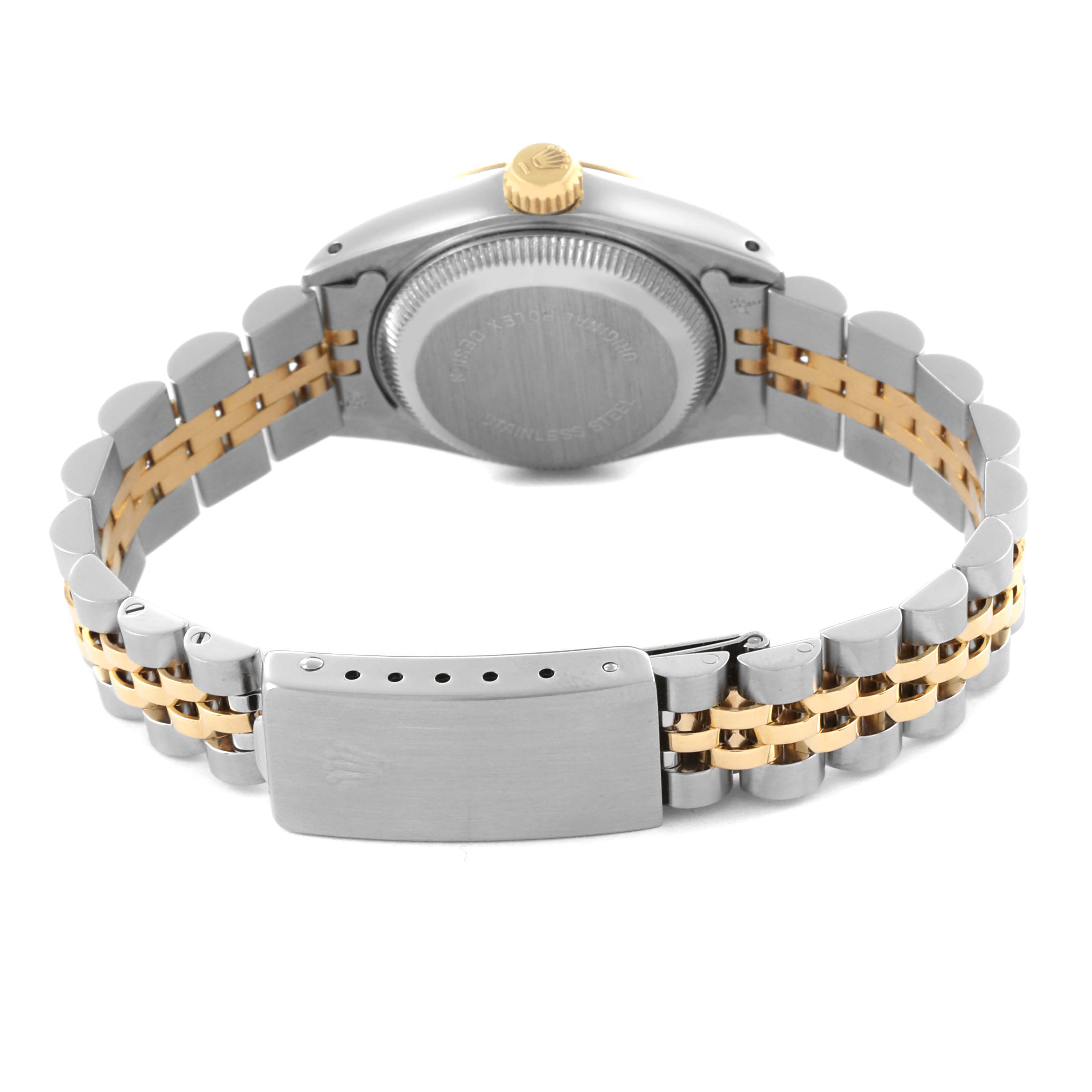 The image shows the back case and bracelet clasp of the Rolex Datejust 69173 Women's Steel and Gold (two tone) Champagne Dial 69173 Women's Steel and Gold (two tone) Champagne Dial, highlighting its two-tone design.