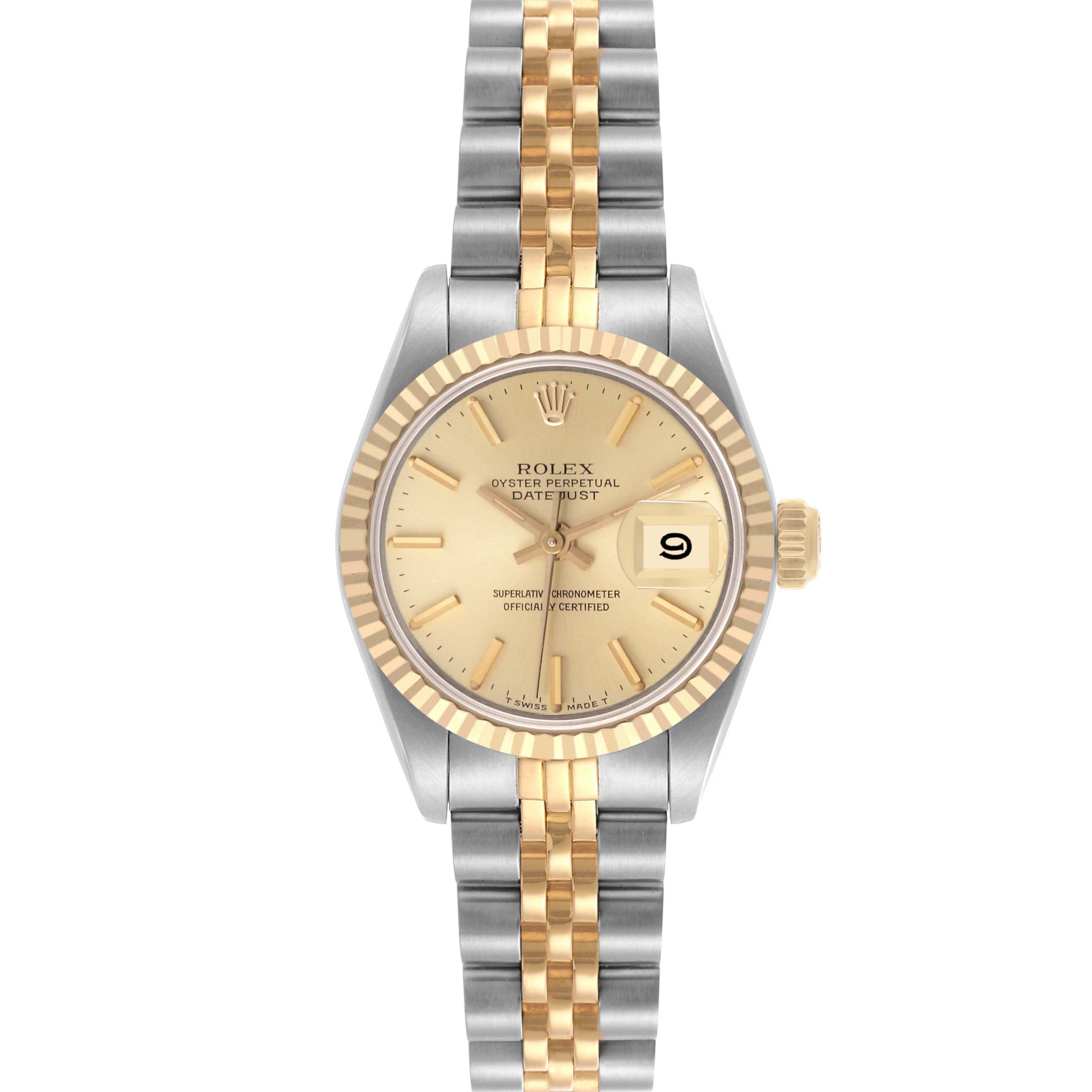 The Rolex Datejust 69173 Women's Steel and Gold (two tone) Champagne Dial 69173 Women's Steel and Gold (two tone) Champagne Dial watch is shown from a front angle, displaying the dial, bezel, and two-tone bracelet.