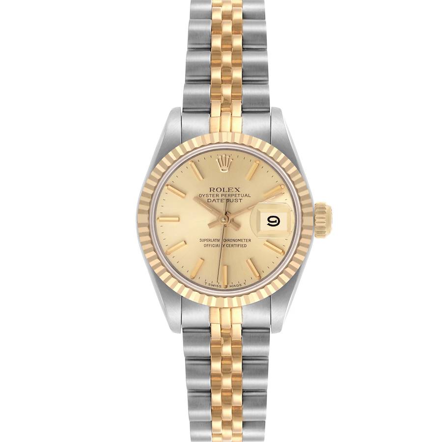 The Rolex Datejust 69173 Women's Steel and Gold (two tone) Champagne Dial 69173 Women's Steel and Gold (two tone) Champagne Dial watch is shown from a front angle, displaying the dial, bezel, and two-tone bracelet.