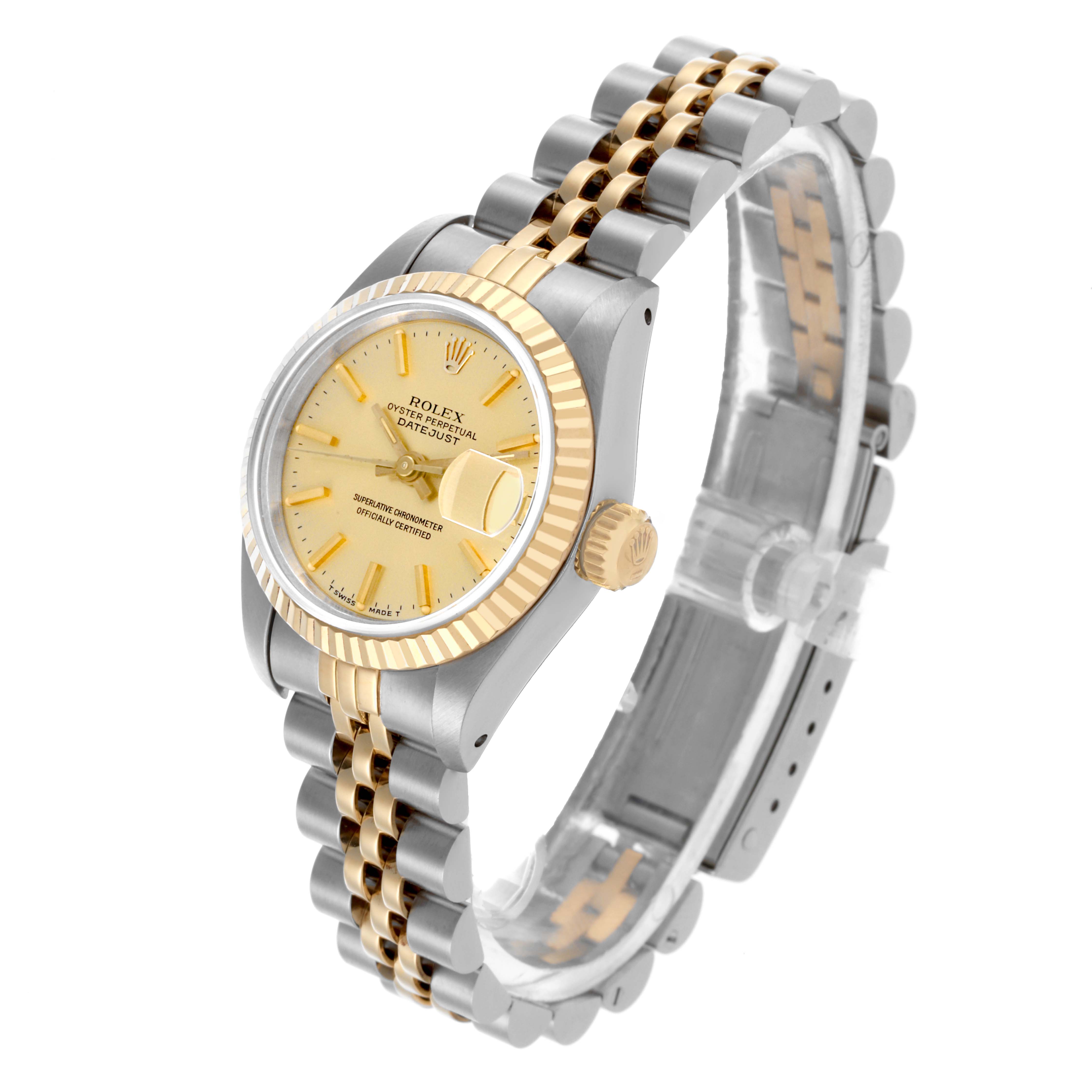 The watch, a Rolex Datejust 69173 Women's Steel and Gold (two tone) Champagne Dial 69173 Women's Steel and Gold (two tone) Champagne Dial, is shown at a three-quarter angle highlighting the face, bracelet, and fluted bezel.