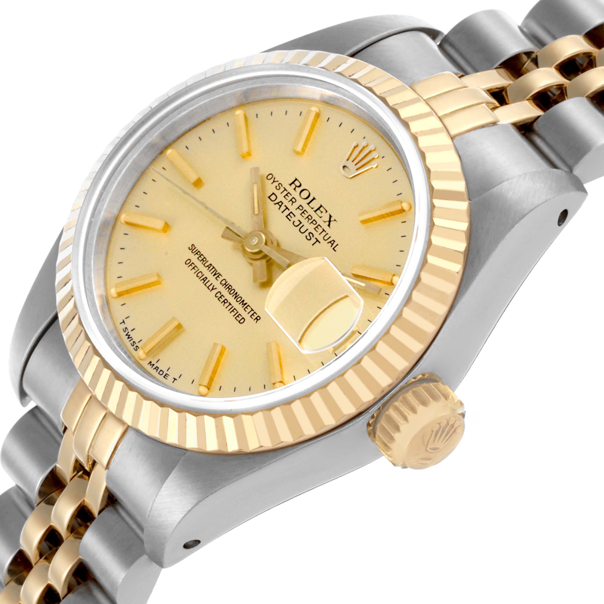 The Rolex Datejust 69173 Women's Steel and Gold (two tone) Champagne Dial 69173 Women's Steel and Gold (two tone) Champagne Dial watch is shown at an angle highlighting the dial, fluted bezel, and part of the bracelet.
