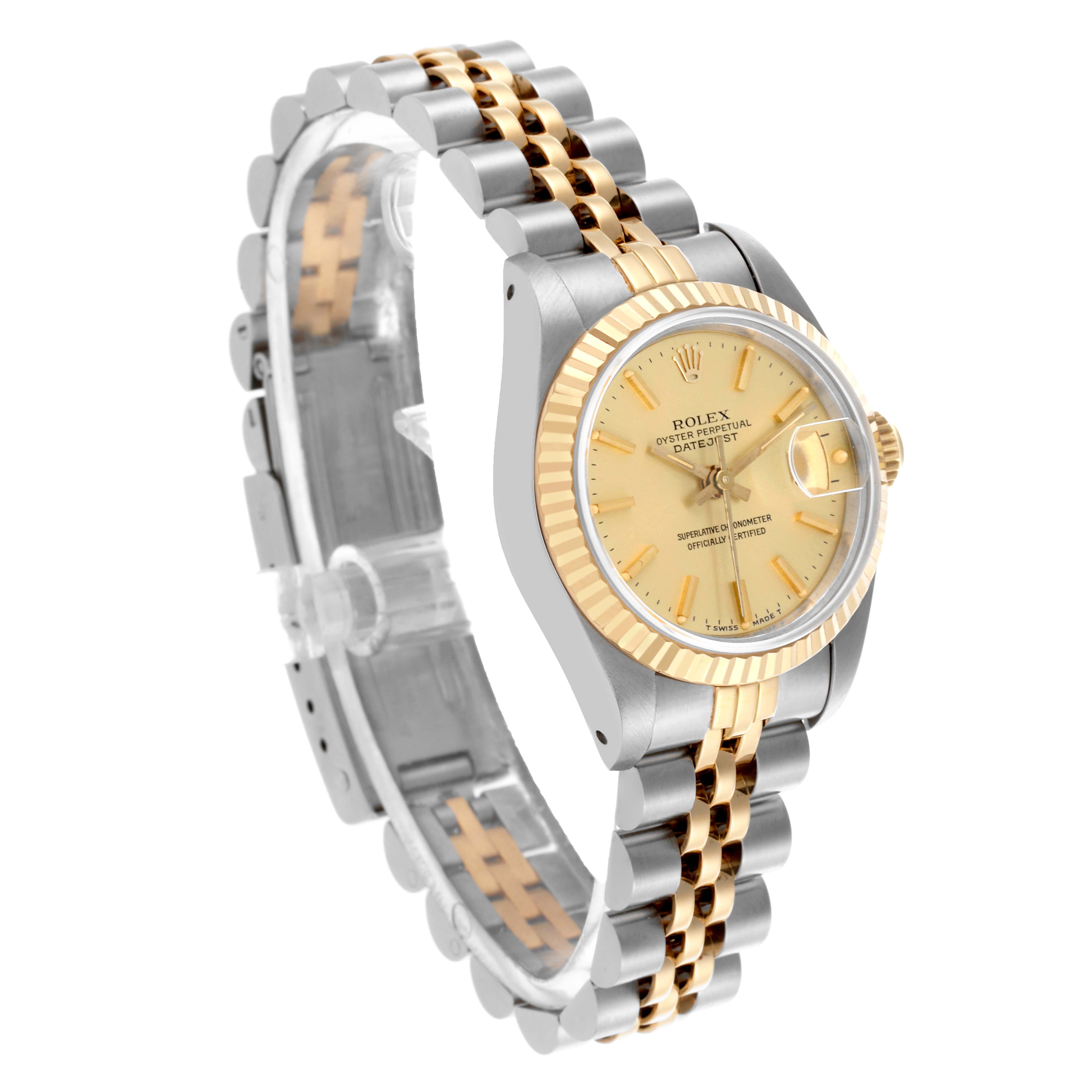 The Rolex Datejust 69173 Women's Steel and Gold (two tone) Champagne Dial 69173 Women's Steel and Gold (two tone) Champagne Dial is shown at a three-quarter angle, highlighting the gold bezel, dial, and two-tone Jubilee bracelet.