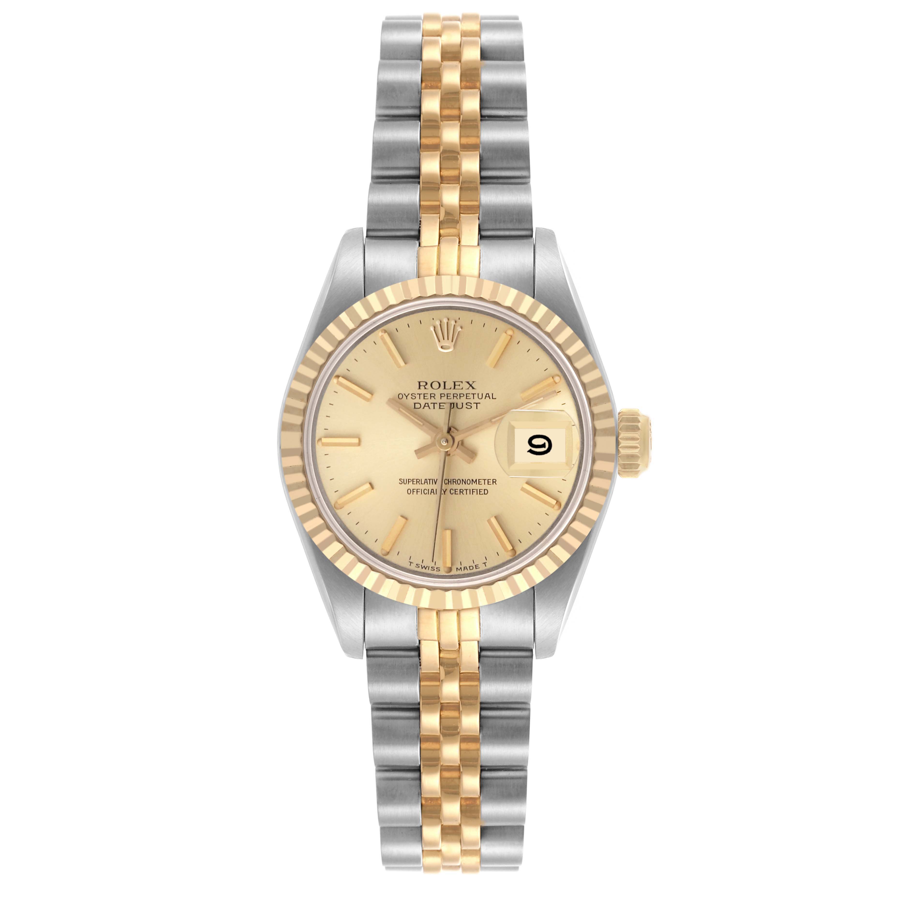 The Rolex Datejust 69173 Women's Steel and Gold (two tone) Champagne Dial 69173 Women's Steel and Gold (two tone) Champagne Dial watch is shown from a front angle, displaying its gold fluted bezel, champagne dial, and bicolor bracelet.
