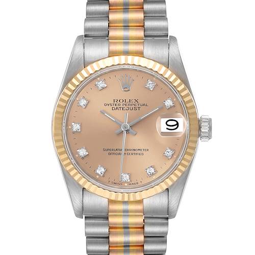 The Rolex President 68279 Women's White Gold Pink Dial 68279 Women's White Gold Pink Dial model is shown from a front angle, highlighting the champagne dial, diamond indices, fluted bezel, and two-tone bracelet.