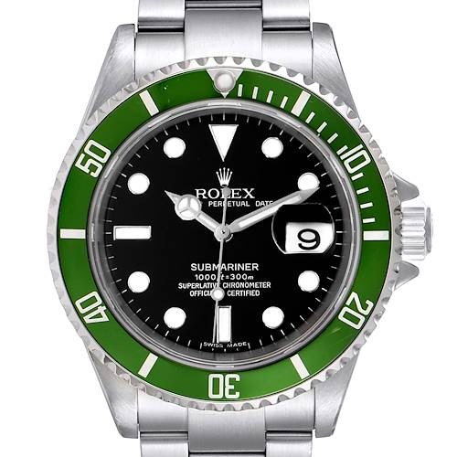 This image shows a front view of a Rolex Submariner 16610LV Men's Stainless Steel Black Dial 16610LV Men's Stainless Steel Black Dial watch with a green bezel and black dial.