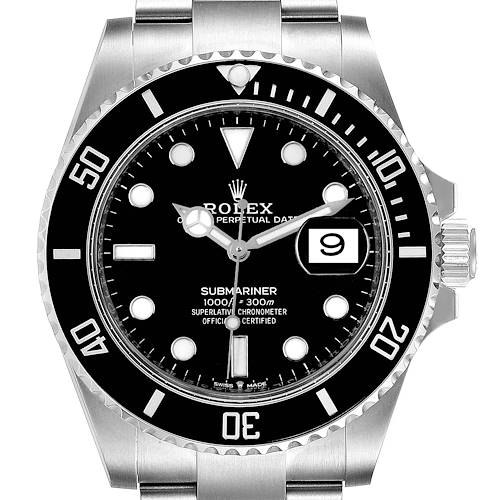 The image shows a front view of the Rolex Submariner 126610 Men's Stainless Steel Black Dial 126610 Men's Stainless Steel Black Dial, displaying its black dial, bezel, and metal bracelet.