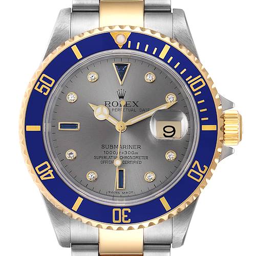 The image shows a close-up, front view of a Rolex Submariner 16613 Men's Steel and Gold (two tone) Grey Dial 16613 Men's Steel and Gold (two tone) Grey Dial watch, highlighting its blue bezel, gray dial, and two-tone bracelet.