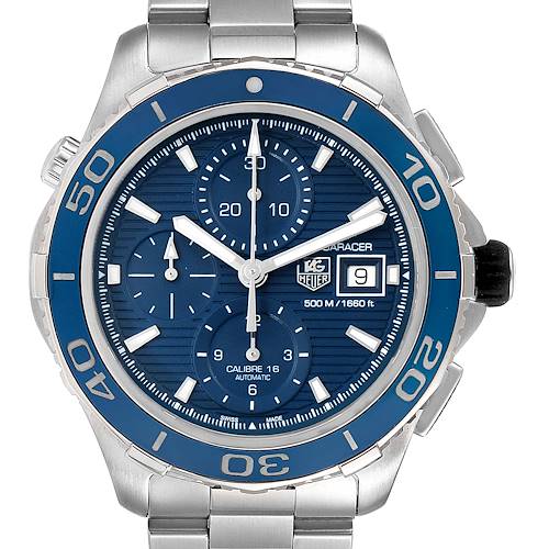 The image shows a front view of the Tag Heuer Aquaracer CAK2112.BA0833 Men's Stainless Steel Blue Dial CAK2112.BA0833 Men's Stainless Steel Blue Dial watch, displaying its blue dial, chronograph subdials, and date window.