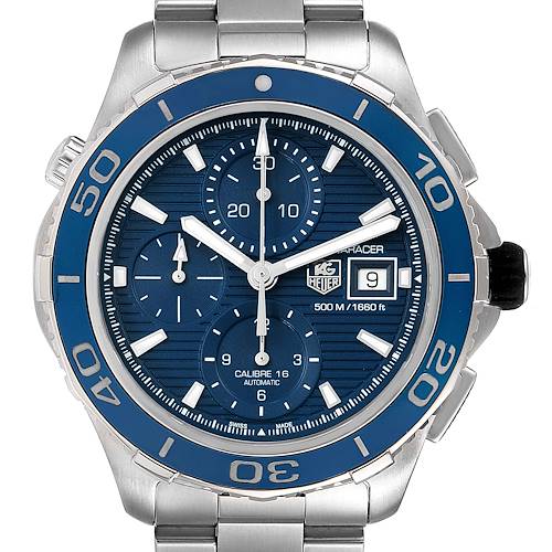 This image shows a front view of the Tag Heuer Aquaracer CAK2112.BA0833 Men's Stainless Steel Blue Dial CAK2112.BA0833 Men's Stainless Steel Blue Dial watch, highlighting its blue dial, bezel, chronograph features, and date display.