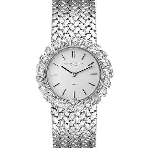 This image shows a front view of a Vintage Vacheron Constantin watch, highlighting its face, bezel, and textured band.