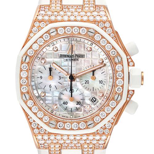 The image shows a front-facing Audemars Piguet Royal Oak Offshore 26092OK.ZZ.D010CA.01 Women's Rose Gold Mother of Pearl Dial 26092OK.ZZ.D010CA.01 Women's Rose Gold Mother of Pearl Dial watch with a diamond-studded bezel and face.